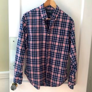 Bonobos Men’s Medium Long-Sleeve Plaid Cotton Shirt Navy Blue and Pink